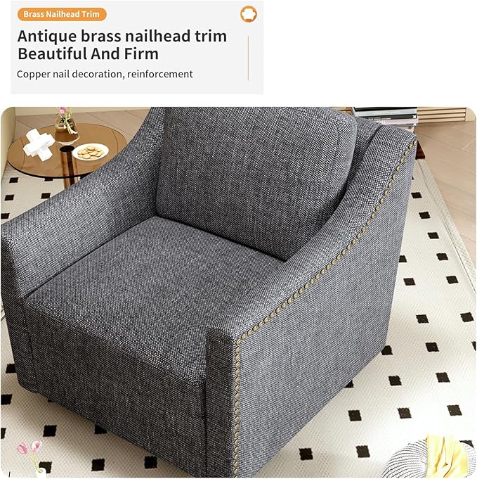360 Degree Swivel Armchair: Ergonomic Cotton Linen Chair for Living Room Bedroom Office - Black Legs