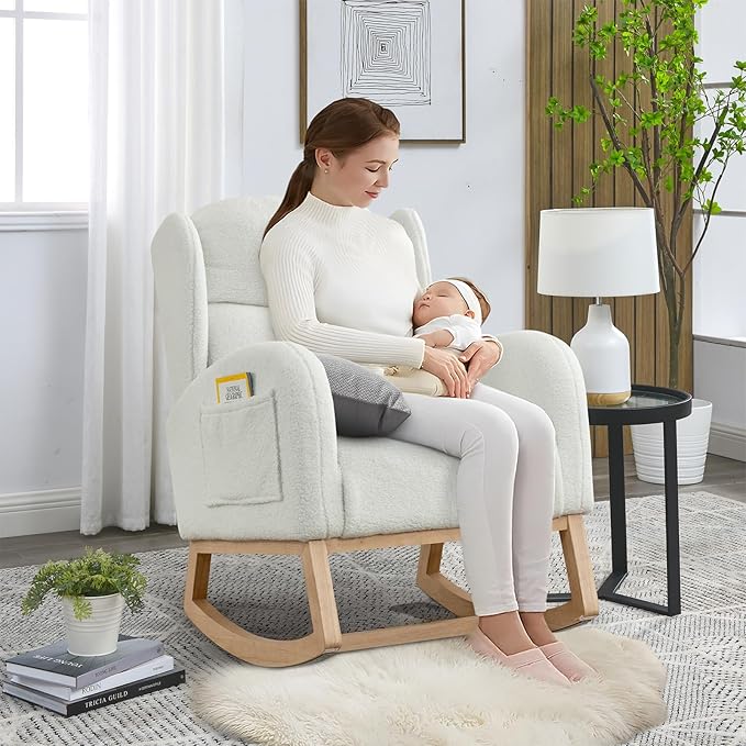 Rocking Glider Chair for Nursery Wingback Teddy Accent Rocker Chair Upholstered Tall Back Arm Chair w/Side Pockets Modern Leisure Single Sofa for Living Room Hotel Bedroom Baby Room Ivory