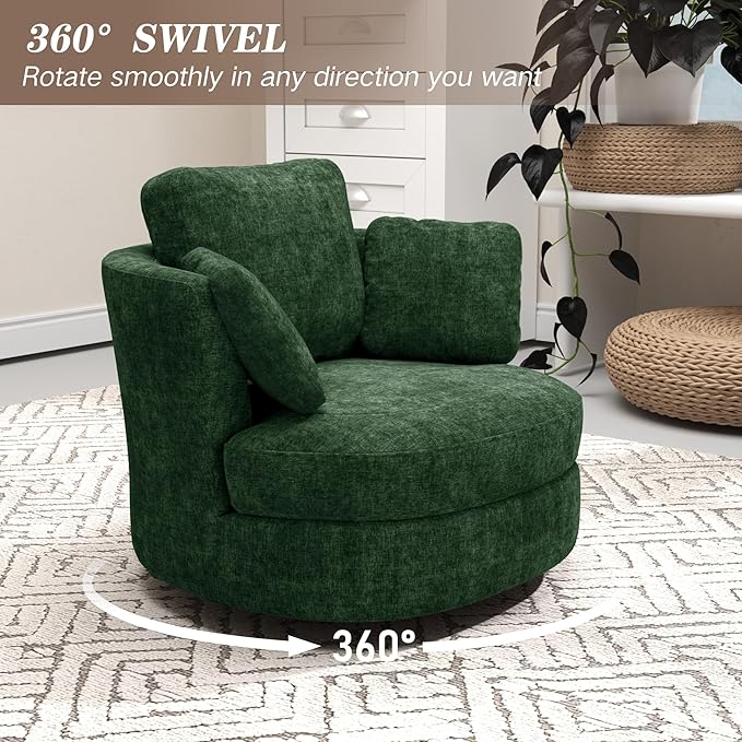 Mlmh &amp Kngwa Oversized Swivel Chair with Ottoman 40.4 inch Round Swivel Accent Chair and A Half Moon Ottoman with 3 Pillows Chenille Cozy Reading Chairs for Bedroom Living Room Green