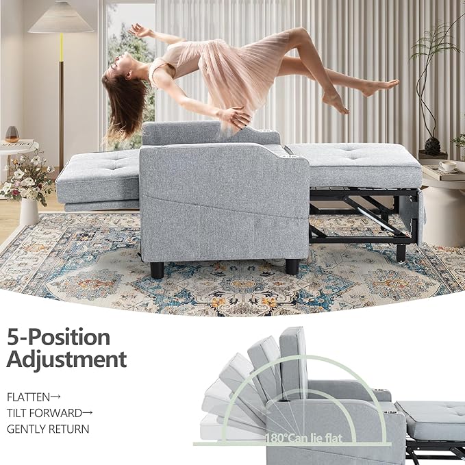 4-in-1 Convertible Sleeper Chair Bed Couch Bed with 5-Level Adjustable Backrest Futon Sofa Bed with USB Port&amp Cup Holder Multi-Functional Chaise Lounge Chair Sleeper Sofas for Living Room