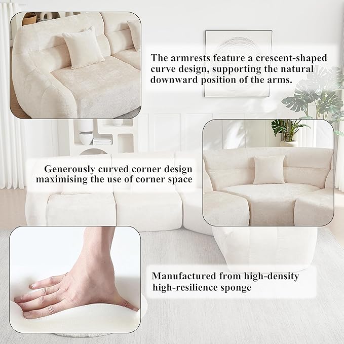 123 Oversized Boneless Chenille Curved Corner Sectional Sofa Modern Luxury 4 Pillows Modular Cloud 4-Seater Sofa High-Back Couch for Living Room (Beige)