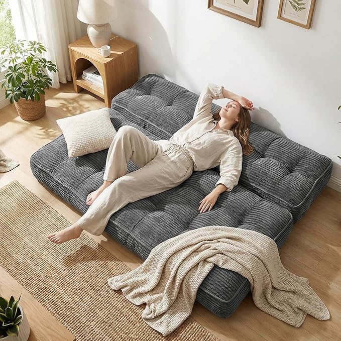 63 Inch Folding Bench Cushion 4 Inch Thick 2-in-1 Convertible Long Floor Lounger Boneless Cushions Couch Mattress Upholstered for Yoga Reading Sleeping Meditation Living Room(Dark Grey)