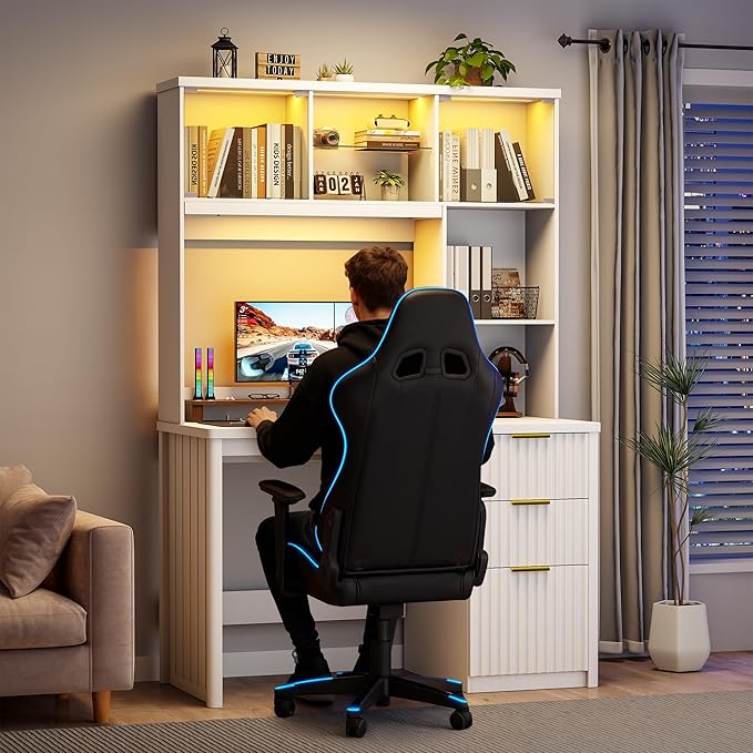 Standing Desk with LED Light for Office Room Smart Computer Desk with Hutch and Drawer for Game RoomModern Study Table with 2AC Port Charging Station/Lamp/for Bedroom (White)
