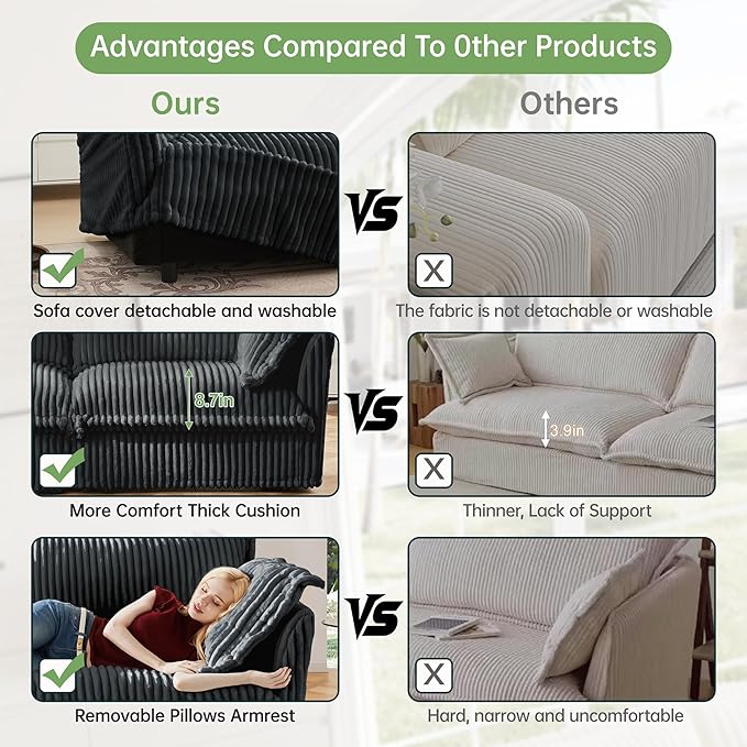 Modular Accent Armchair with Ottoman and Pillows Soft Corduroy Lounge Chair for Living Room Bedroom or Reading Nook – Oversized Chaise Lounge Design (Grey Chair+Ottoman)