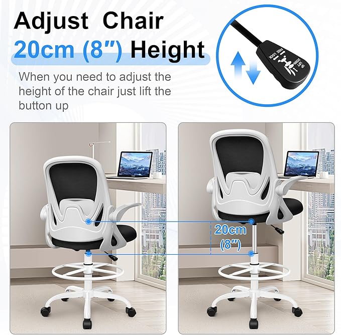 Drafting Chair Tall Office Chair with Flip-up Armrests Adjustable Height and Enhanced Lumbar Support - Ergonomic Rolling Stool Back Support and Adjustable Foot Rest Ring for Standing Desk White