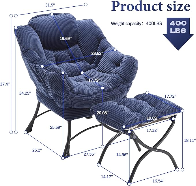 HOMEFUN Lazy Chair with Ottoman Bedroom Chairs for Adults Modern Lounge Accent Chair with Armrests Ergonomic Footrest for Small Spaces Comfy Reading Chair for Living Room Bedroom Office Navy