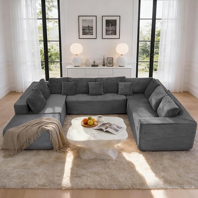 HOMREST 136 U Shaped Sectional Couch for Living Room Cloud Modular Sectional Boneless Sofa with Memory Foam Convertible Couches with Deep Seat No Assembly Required 8 Seats Special Grey