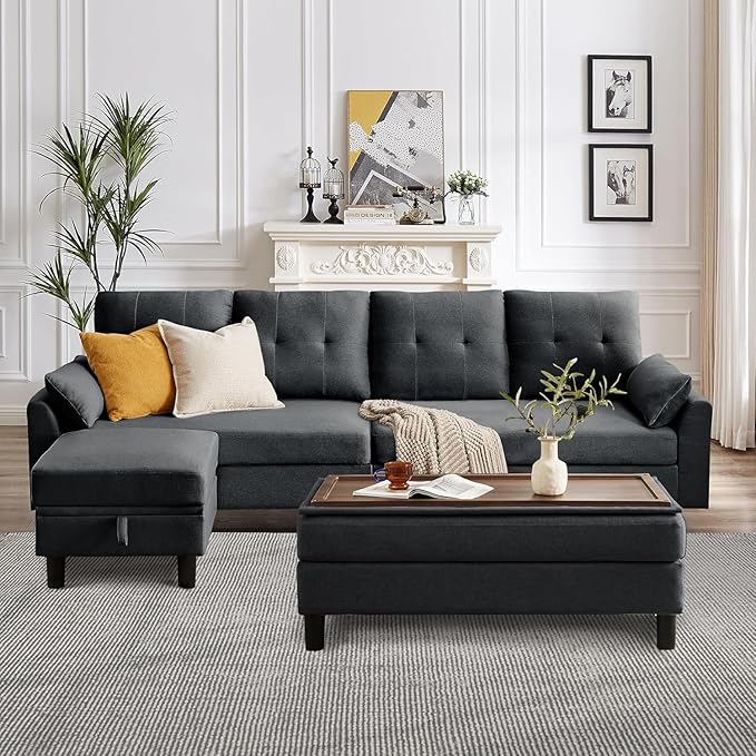 102 L-Shape Sofa Couch Couch with Ottoman Coffee Table 4 Seat Modern Sofa with Removable Cover for Apartment and Living Room Dark Grey