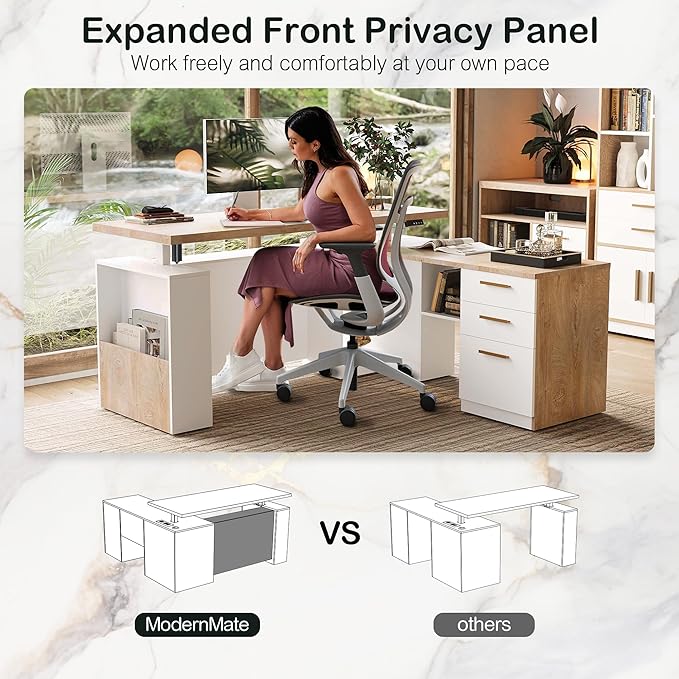 63 Standing Desk with File Cabinet Privacy Panel AC/USB 1.18 Desktop Executive L Shaped Height Adjustable Electric Stand Up Desk Home Office Table with 3 Drawers Light Walnut