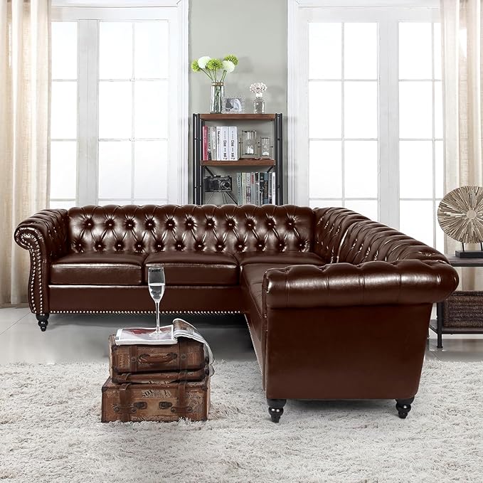 QHITTY Sectional L-Shaped Sofa Chesterfield Faux Leather Couch 5 Seater Upholstered Small Accent Tufted Sofa with Nailhead Design and Rolled Armrest for Living Room Apartment Office (Dark Brown)