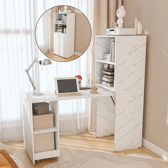 LUMISOL Folding Out Desk with Storage Shelves Expandable Hidden Computer Desk with Storage for Home &amp OfficeSpace-Saving Design White Marble