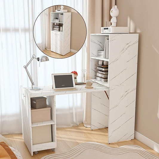 LUMISOL Folding Out Desk with Storage Shelves Expandable Hidden Computer Desk with Storage for Home &amp OfficeSpace-Saving Design White Marble