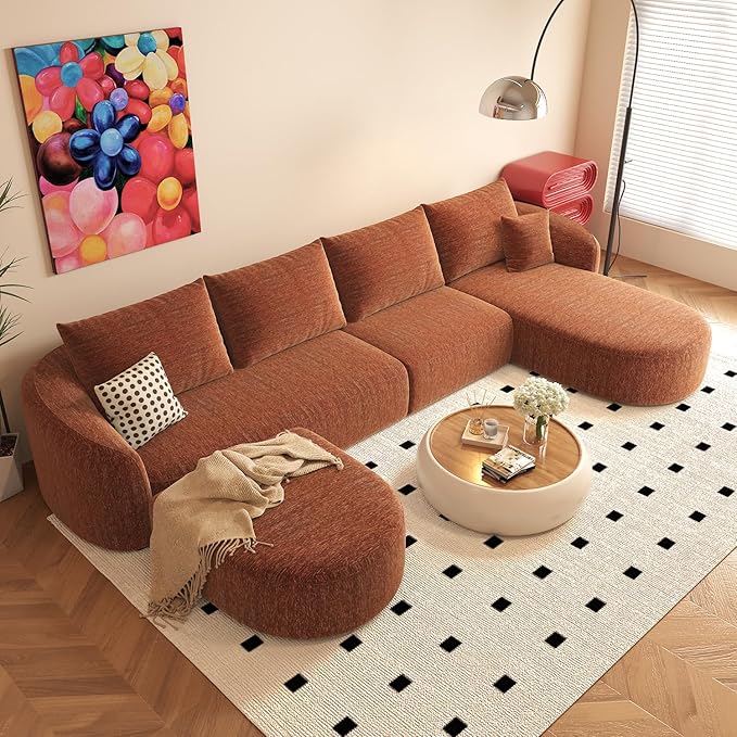 138.6 U Shaped Modern Modular Sectional Curved Back Sofa with Ottoman Minimalist Style Comfy Cloud Couch for Living Room Apartment No Assembly Required Boneless Couches (OrangeRight Facing Chaise)