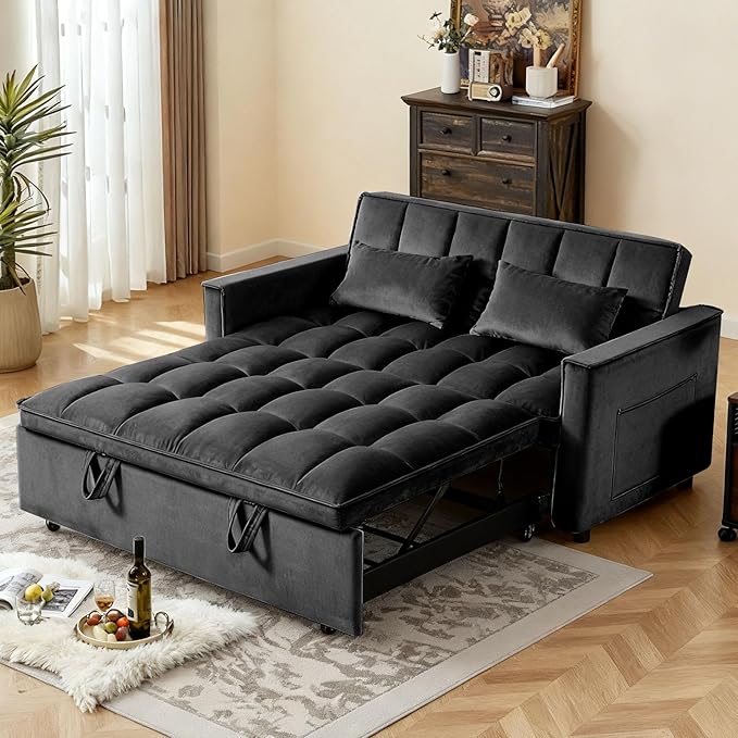 3 in 1 Convertible Sofa Bed Love Seat Sleeper Bed with Side Pockets Velvet Fabric Pull Out Couch with Adjustable Backrest for Living Room Bedroom Apartment Black