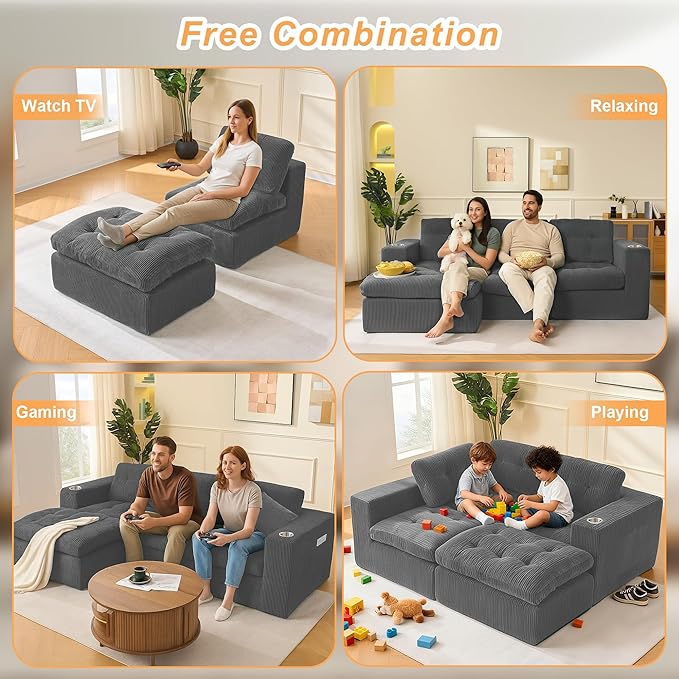 108 Modular Sectional Sofa Cloud Sectional Couch L-Shape Sofa Couch with Deep Seat Upholstered Boneless Couches for Living Room Bedroom No Assembly Required Grey