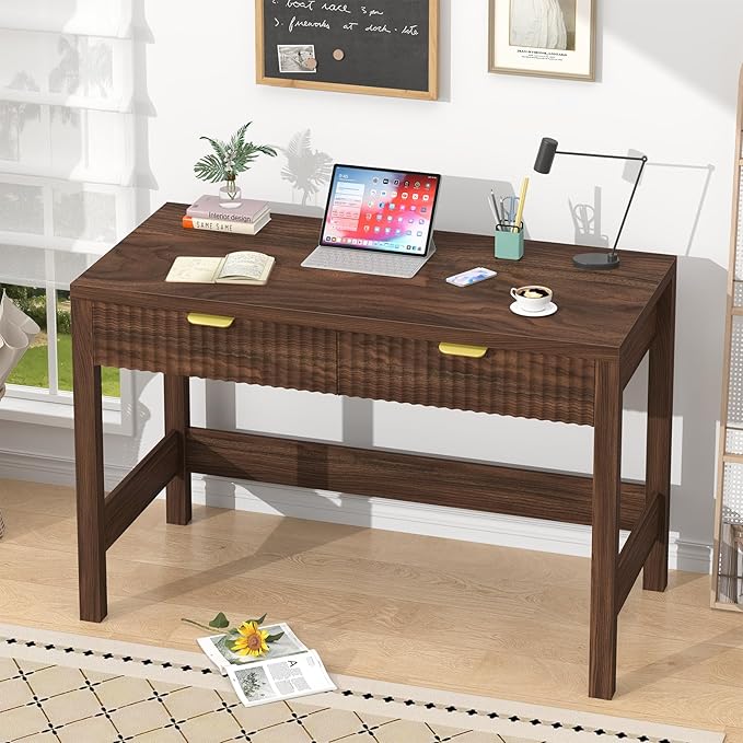 Fluted Computer Desk with 2 Drawers 39 Inch Small Computer Desk with Storage Compact Writing Study Desk for Small Spaces Walnut