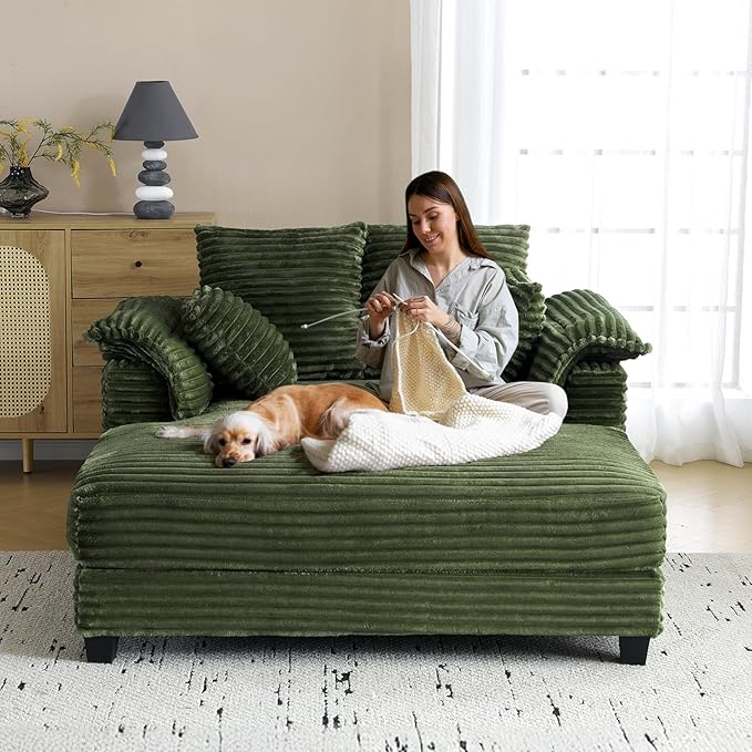 VINGLI Lounge Chair 56 Oversized Reading Chair Corduroy Chaise Sofa Recliner Bed Upholstered Comfy Sleeper Couch with Throw Pillows and Armrests for Living Room Movie Room Bedroom