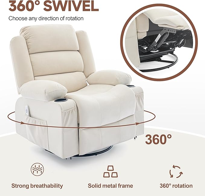 Rocker Recliner Chair with Heat and Massage 360° Swivel Nursery Rocking Chairs for Adults Oversized Recliner Single Sofa Seat with Cup Holders Lazy Boy Recliner Single Sofa (Manual Beige)
