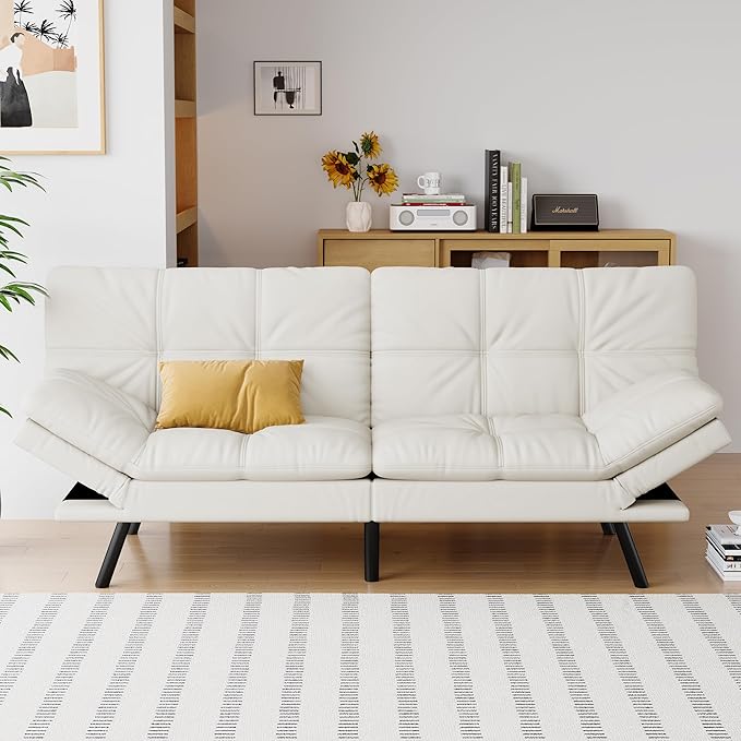 Futon Sofa Bed Convertible Couch White Faux Leather Sofa Bed with Memory Foam Adjustable Backrest &amp Armrests Multifunctional Small Loveseat Sleeper Sofa for Living Room Apartment Office
