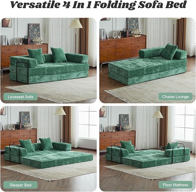 Folding Sofa Bed Modular Sectional Cloud Couch Convertible Sleeper Sofa Bed with Pillow Back Support Armrest for Living Room Bedroom Lounge No Assembly Required Chenille(Dark Green)