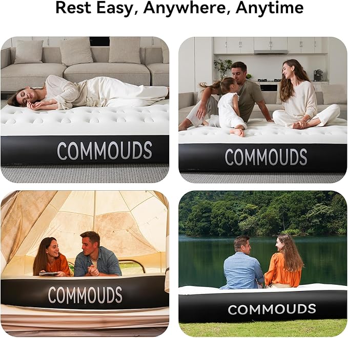 COMMOUDS Queen Air Mattress with Built-in Battery Powered Removable Pump 13 High Inflatable Mattress Portable Blow up Mattress Air Bed for Camping Home and Guest
