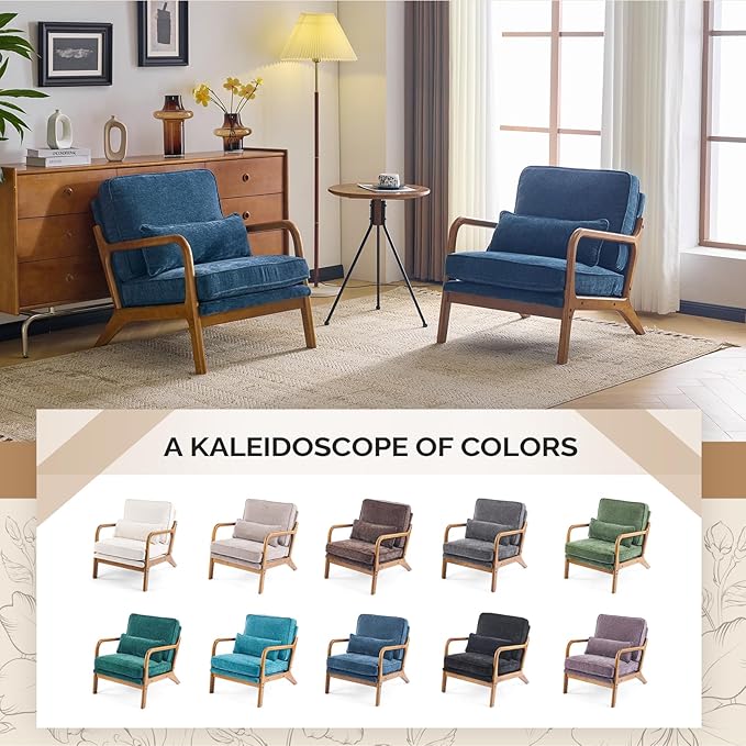 VINGLI Chenille Mid-Century Modern Accent Chair Set of 2 Cute Reading Arm Chair with Cushion &amp Lumbar Pillow &amp Solid Wood Frame for Lounge Living Room Reading Room Bedroom Blue