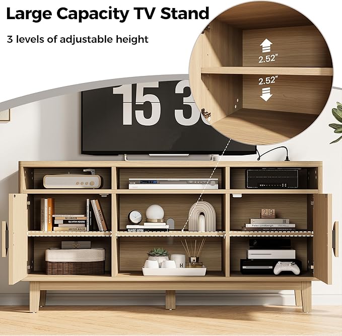 IRONCK TV Stand for 65 Inch TV 59 Inch Entertainment Center with Storage and Charging Station Modern Media Console with 3 Adjustable Shelf Fluted Doors Design Natural Oak