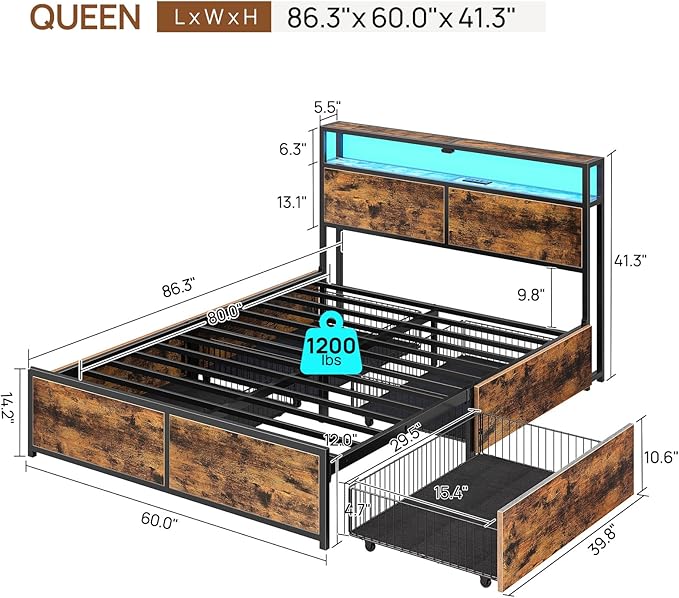 Rolanstar Queen Bed Frame with 4 Storage Drawers Charging Station and LED Lights Metal Platform Bed with 2-Tier Storage Headboard No Box Spring Needed Easy Assembly Noise-Free Rustic Brown