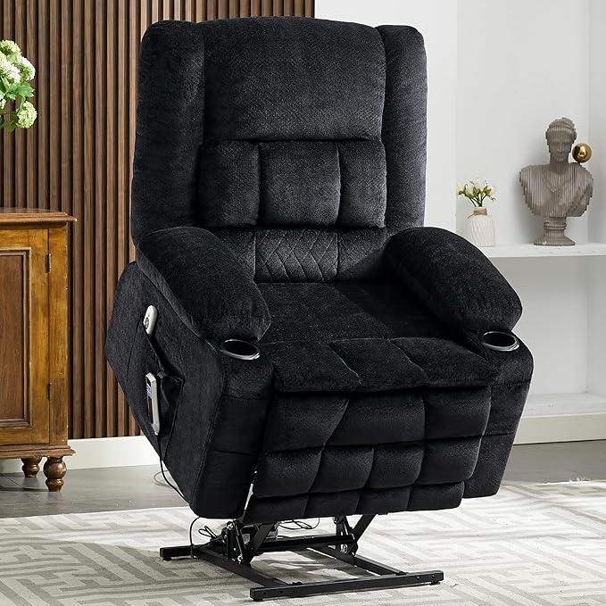 Massage Power Lift Recliner Chair Lift Recliner with Heat Recliners with 8 Massage PointsUSB Charge Port 2 Cup Holders Suitable for Elderly Adults Man Women for Living RoomBedroom (Black)