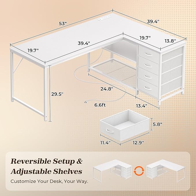PRAISUN 53 L Shaped Desk with Power Outlets and USB-C Port Reversible Computer Corner Office Desk with 4 Fabric Drawers and 2 Height-Adjustable Shelves Large for Gaming Writing Work Study White