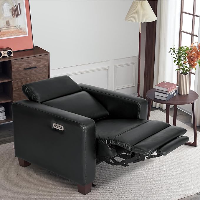 MCombo Zero Wall Recliner Chair Wall Hugger Power Recliner Chair with Adjustable Headrest High Wood Leg USB &amp Type C Dual Charge Ports for Living Room Small Spaces HL128 (Faux Leather Black