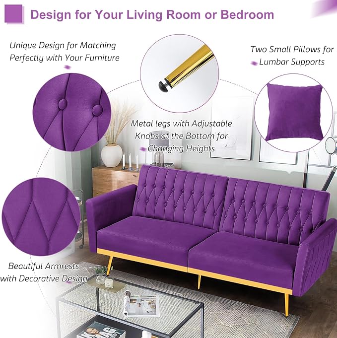 70” Velvet Futon Sofa Bed with 2 Pillows and Adjustable Armrests Convertible Sleeper Bed W/Adjustable Backrests Modern Loveseat for Living Room Bedroom Purpel
