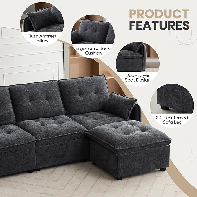 Modular Sectional Sofa 98'' Comfy Chenille L Shaped Sectional Cloud Couch with Movable Ottoman 4 Seater Deep Seat Sofa Sleeper with Throw Pillows for Living Room Office (Grey-Blue 3-seat)