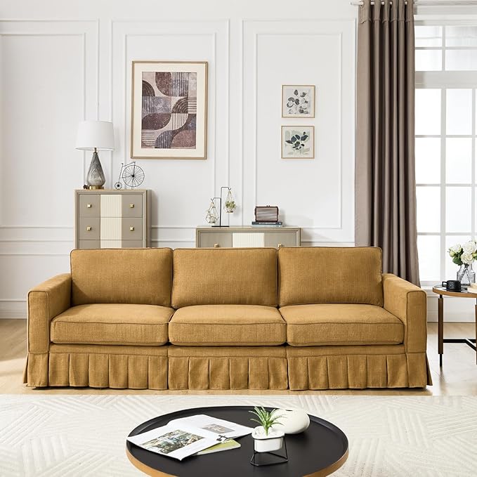 3 Seats Modular Sectional Sofa Couch 98 Modern Yellow Linen Fabric Cloud Couches with Skirts &amp Washable Cover Oversized Upholstered Accent Sofa Couch with Deep Seat &amp Pillow for Living Room
