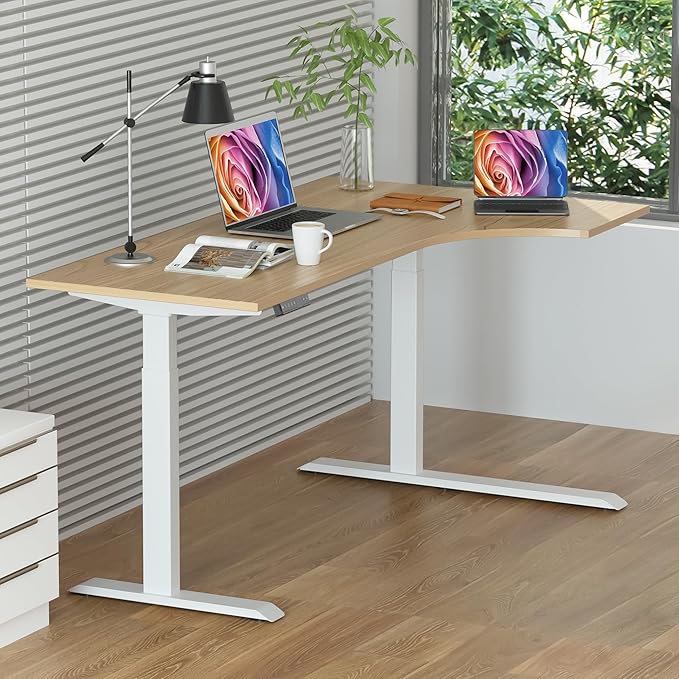Fromann Standing Desk Frame Electric Height Adjustable Desk Legs Sit Stand Up Table Base Dual Motor L Shaped Corner with USB for Home and Office (White)