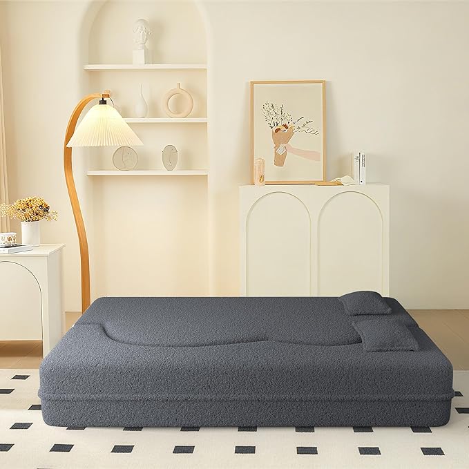 78 Convertible Sofa Bed 2-in-1 Folding Floor Couch with 2 Pillows Sleeper Sofa for Living Room and Bedroom No Assembly Required (Grey Teddy Fabric)