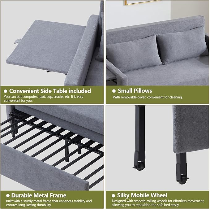3-in-1 Sleeper Sofa Bed 51'' Convertible Folding Couch with Pullout Bed Chenille Futon Sleeper Sofa with Side Table and 2 Pillows Modern Loveseat Couch for Living Room Bedroom Home Office (Grey)