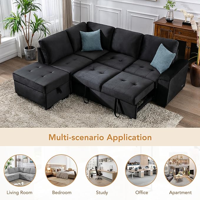 Flieks L-Shape Sleeper Sectional Sofa Bed with Storage Ottoman &amp Hidden Arm Storage 85Inch Sectional Corner Couch Sofa-Bed for Living Room Apartment