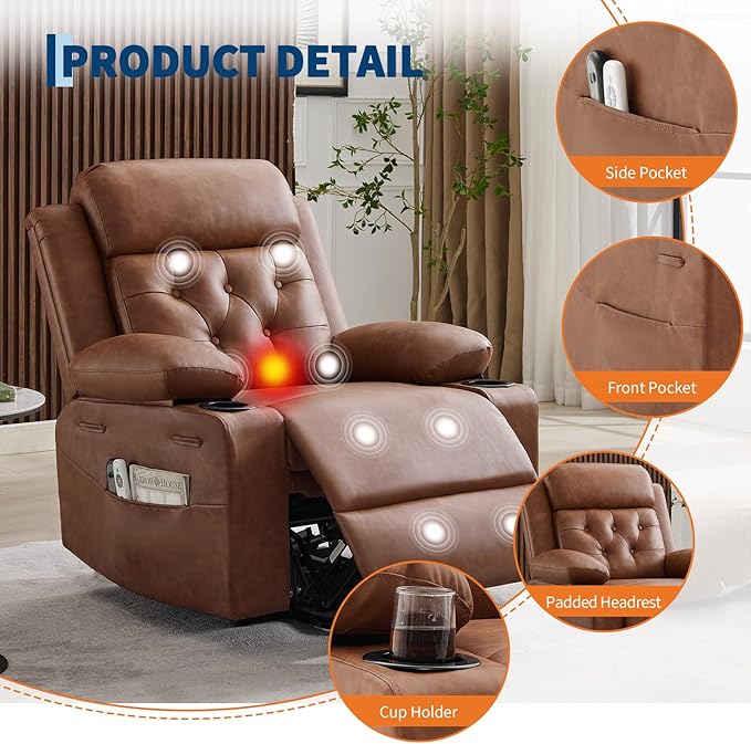 Oversized Power Lift Recliner Chair for ElderlyElectric Lift Chair with Vibration Massage and Lumbar HeatingPU Leather Single Sofa with Side Pockets Two Cup Holders for Big and Tall