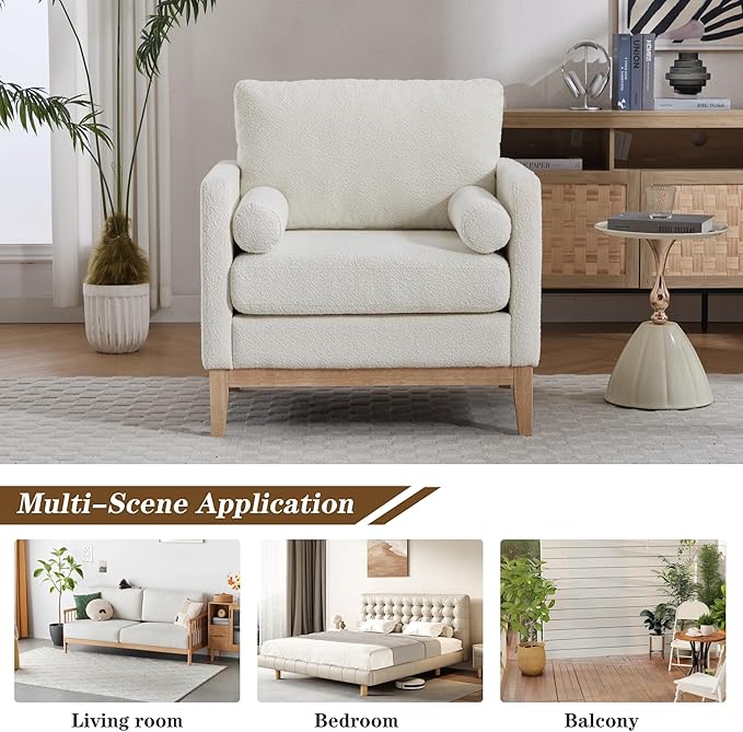 Mlmh &amp Kngwa 35.43 W Modern Accent Chair Set of 2 Upholstered Accent Chairs Single Sofa Chair with Natural Wood Legs Comfy Wingback Armchair for Living Room Bedroom Ivory
