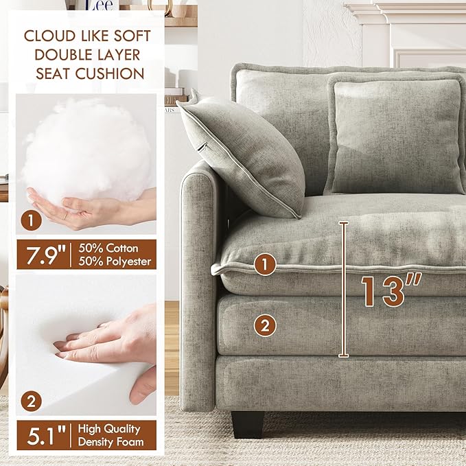 WorthFurni 111.4” Cloud Couch Modular Sectional Sofa Comfy Modern 3-Seater Couches with Pillows &amp Upholstered Deep Seat Cushion for Apartment Living Room Bedroom （Grey）