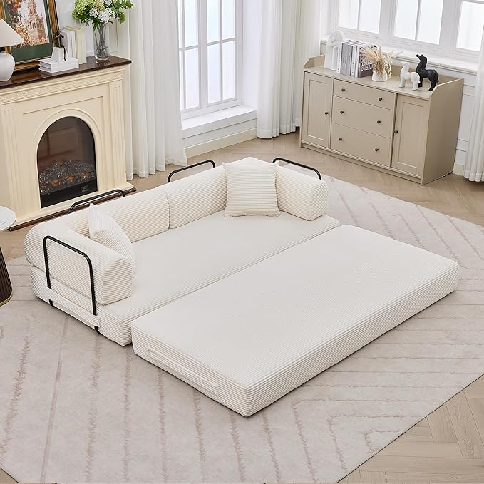 GarveeHome 79 Convertible Sleeper Sofa Bed Couch 4-in-1 Boneless Corduroy Folding Sofa Bed with Pillow &amp Fixed-Shape Floor Mattress Couch Loveseat for Living Room Apartments - No Assembly Beig