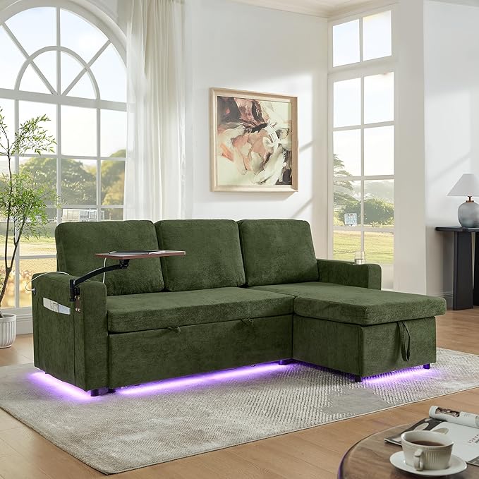 KEIKI 85 L-Shaped Chenille Sectional Sofa with Pull-Out Bed Storage Chaise Lounge Retractable Table USB Cup Holders Convertible 3-Seater Sleeper Couch Bed Easy Assembly for Living Room Green