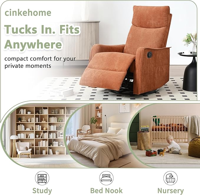 cinkehome Swivel Rocker Recliner Chair with Heated Massage Rocking Reclining Chairs for Nursery Small Spaces High Back Side Pocket