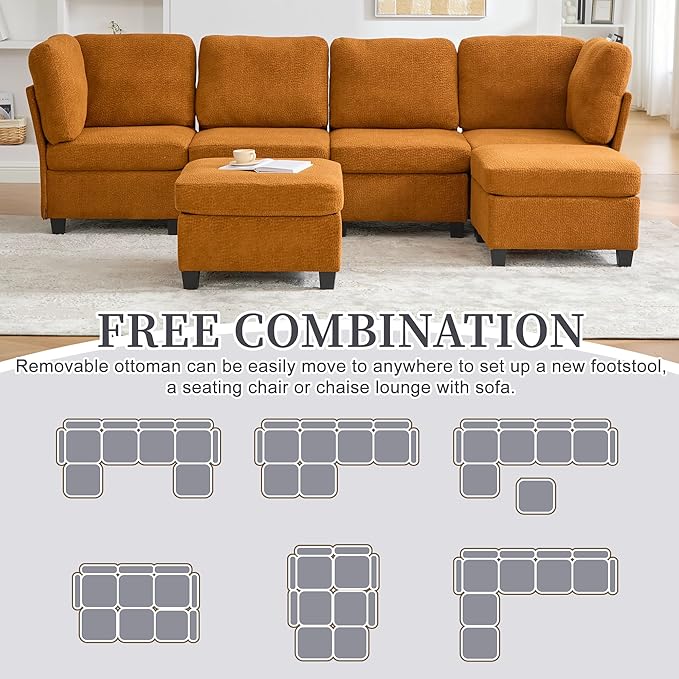 KEIKI 115 U-Shaped Polyester Modular Sectional Sofa with 2 Movable Ottoman &amp Storage Seat Upholstered Convertible Oversized 6-Seater Couch Free Combination Easy Assembly for Living Room Oran