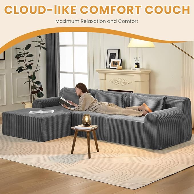 Oversize Boneless Couch for Living Room Comfort L Shaped Cloud Couch Sectional with Deep Seat and Movable OttomanModular Sectional Sofa with 5 PillowsNo Assembly RequiredGrey