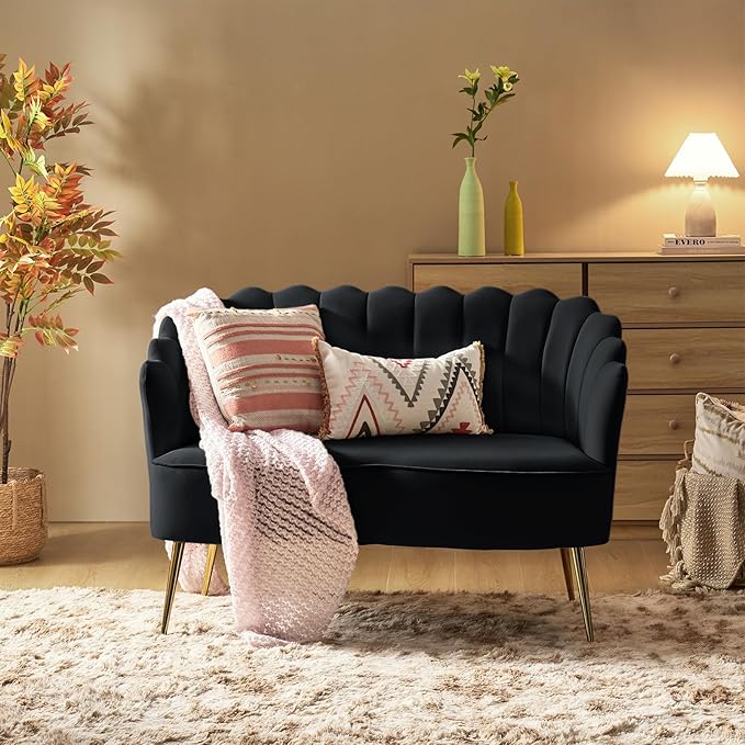 Velvet Upholstered Loveseat Sofa with Gold Metal Legs Modern Comfy Small Love Seat with Flower Shaped Back 2-Seater Sofa Accent Couch for Living Bedroom Leisure Areas