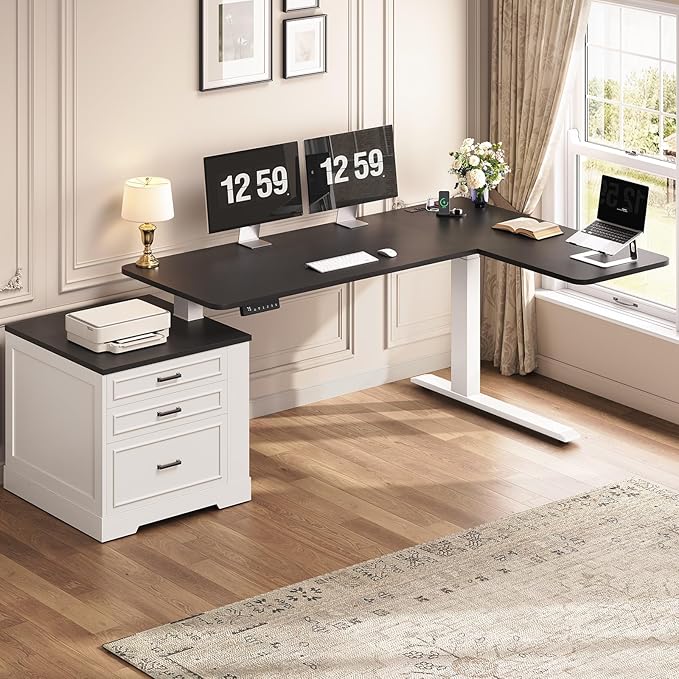 SEDETA Farmhouse L Shaped Electric Standing Desk 70.9 x 39.4 Height Adjustable Office Executive Desk with 3 Drawers Standing Computer Desks with Power Outlet for Home Office White