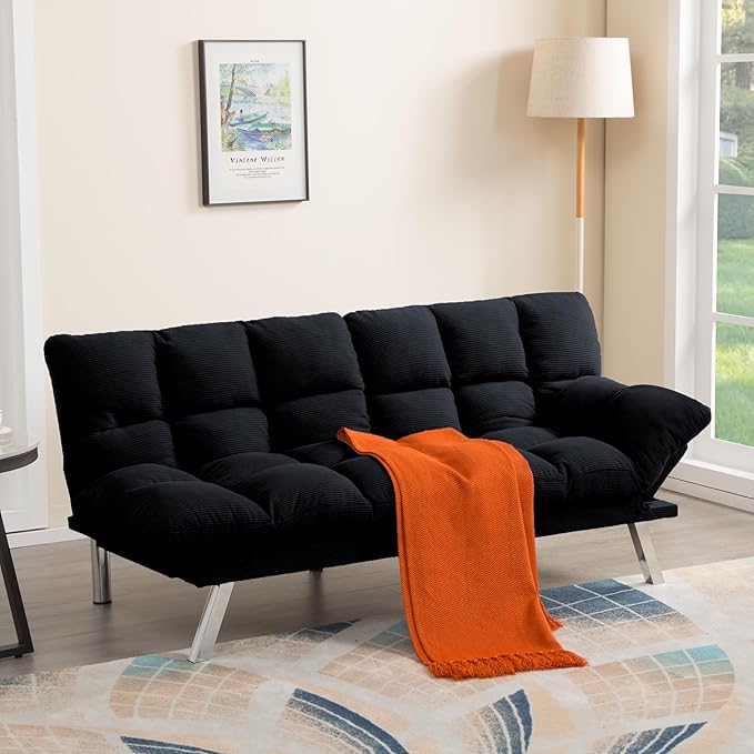 67” Convertible Futon Couch Bed Adjustable Pillow Top Arm Memory Foam Cloud Futons Loveseat Modern Light Gray Corduroy Mini Small Sofa Couches for Living Room