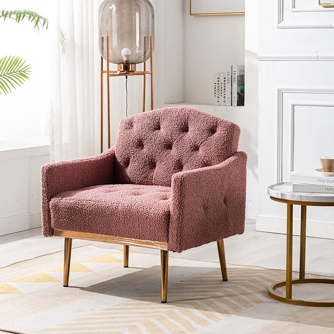 Modern Teddy Fabric Accent ChairUpholstered Button-Tufted Single SofaComfy Armchair Chair with Rose Golden Legsfor Living Room Bedroom Home Office (Brush Pink)